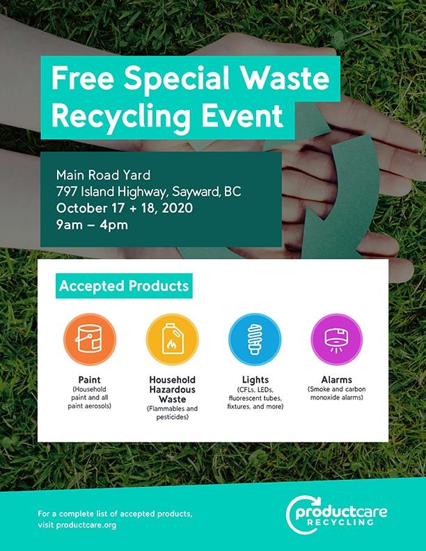 Free waste recycling event flyer with product icons and details.