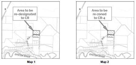 Side-by-side maps with areas marked for re-designation and rezoning.