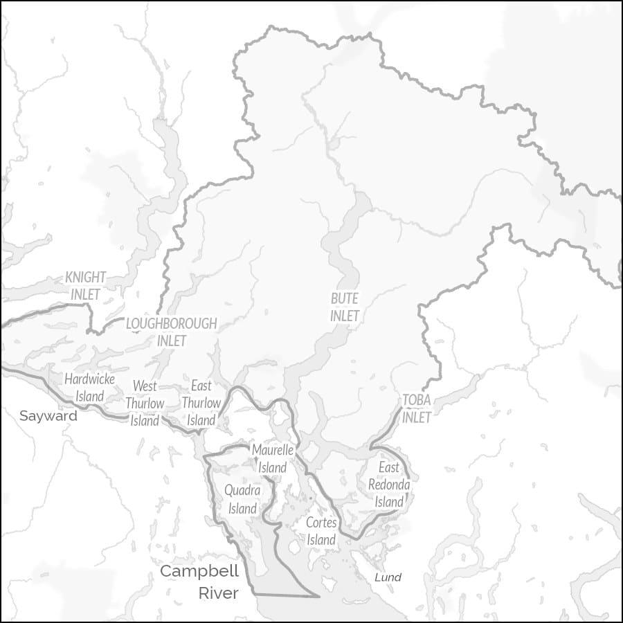 Black and white map of Campbell River area with labeled locations.