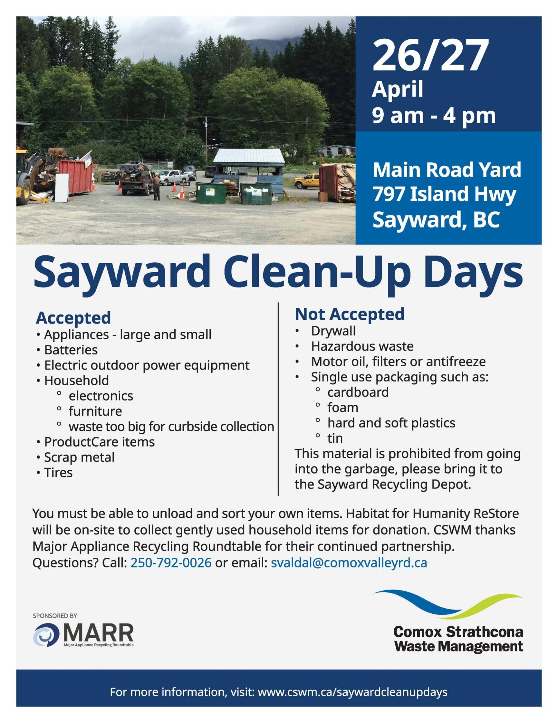 Sayward Clean-Up Days flyer with event details and lists of accepted and not accepted items.
