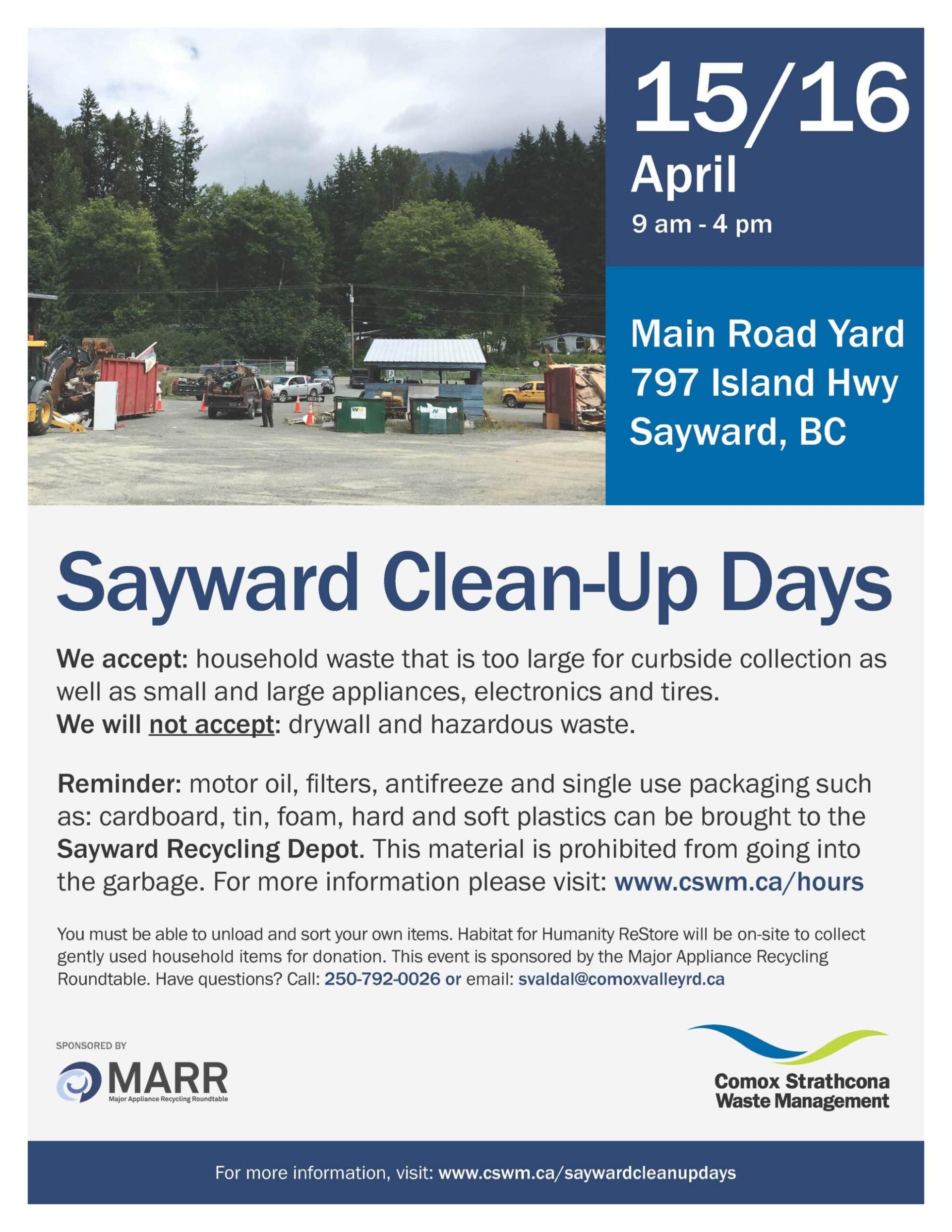 Sayward Clean-Up Days flyer with date, location, and contact details.