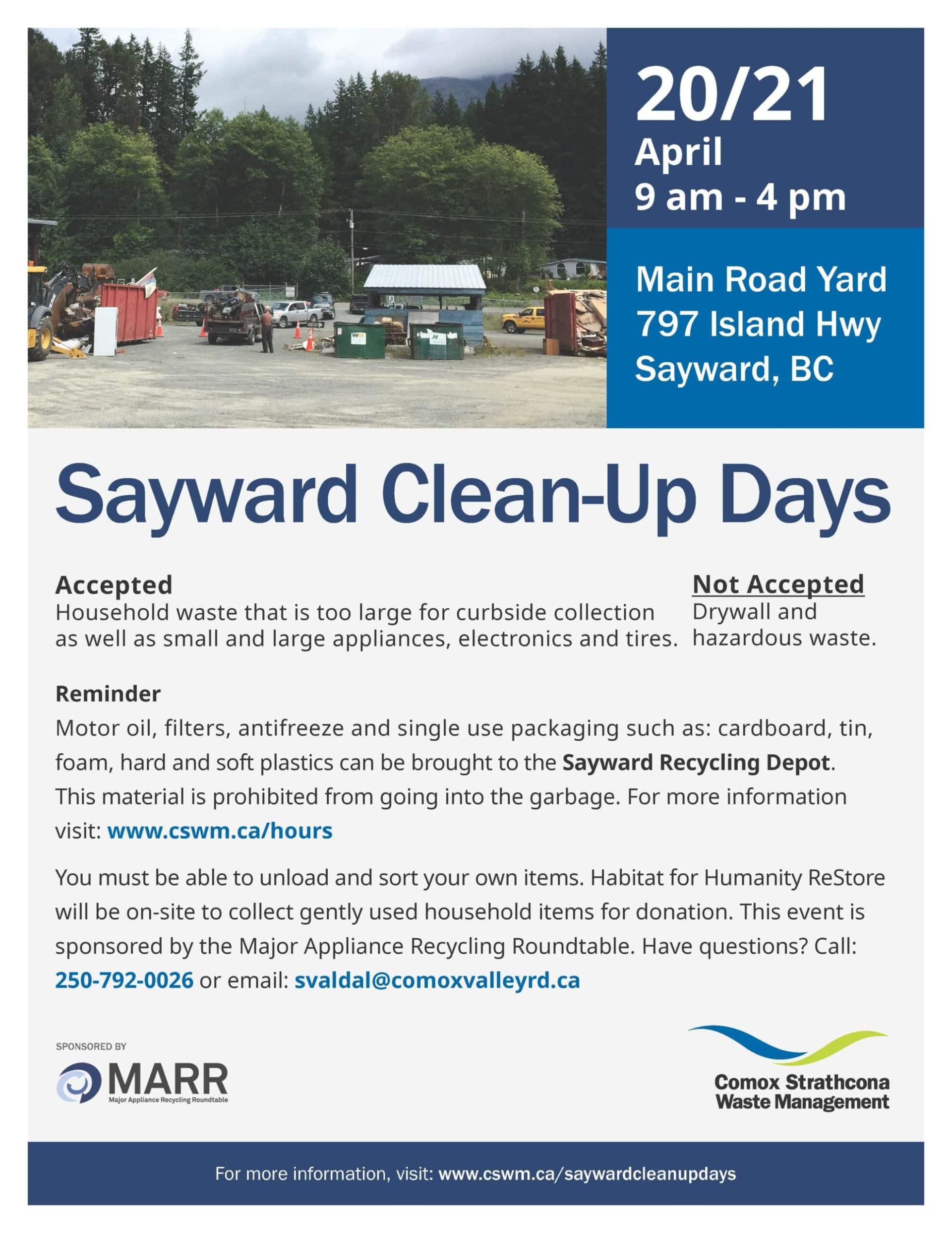 Sayward Clean-Up Days flyer with event details and accepted items list.
