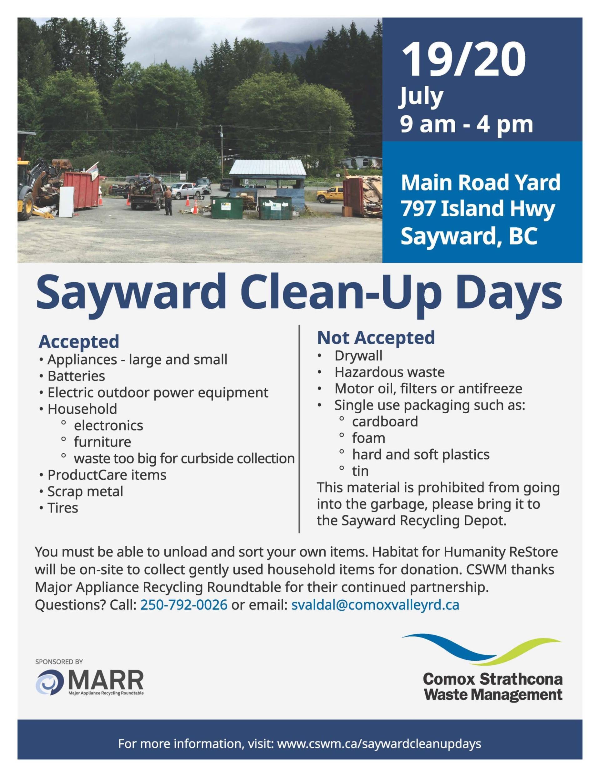 Sayward Clean-Up Days flyer with dates, times, and accepted items list.