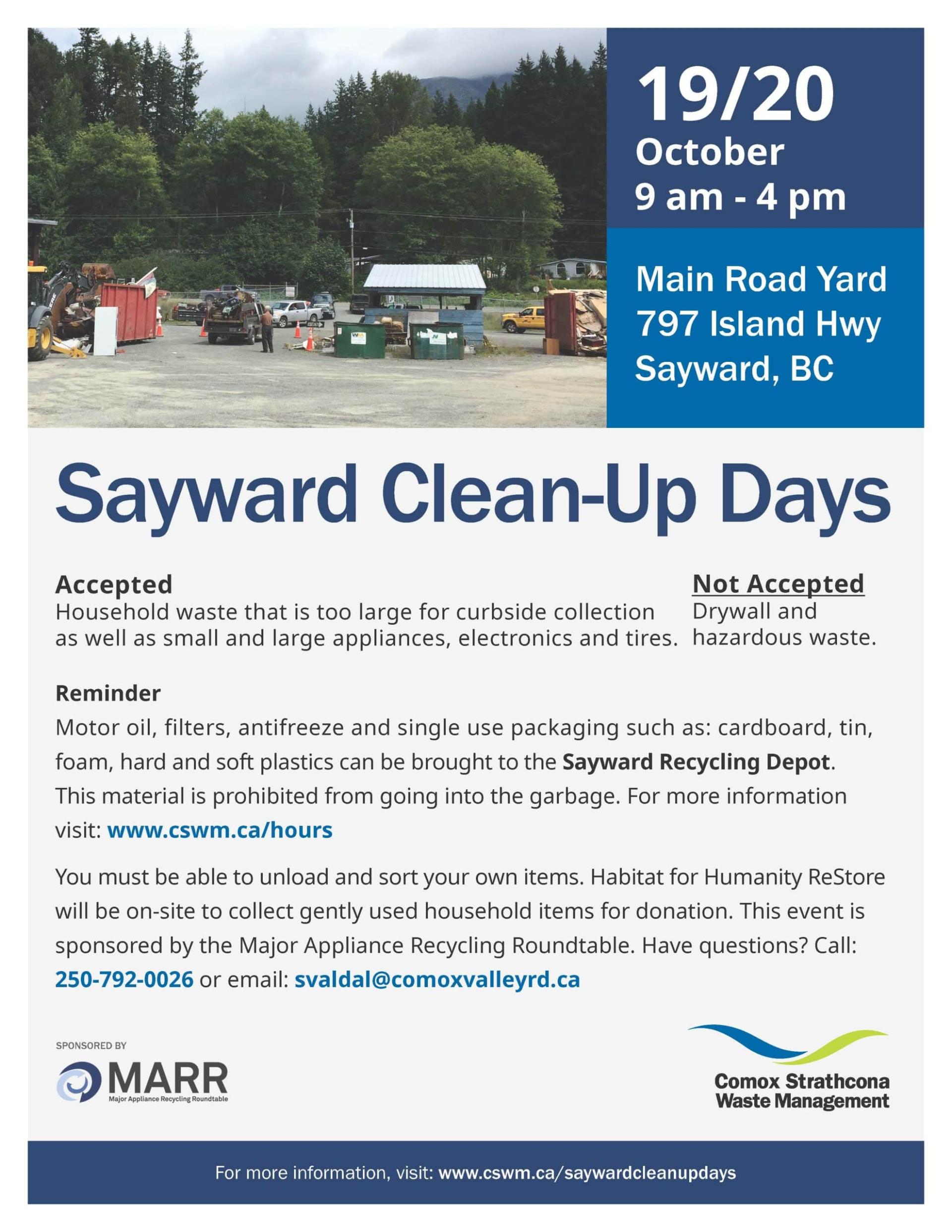 Sayward Clean-Up Days flyer with location and dates.