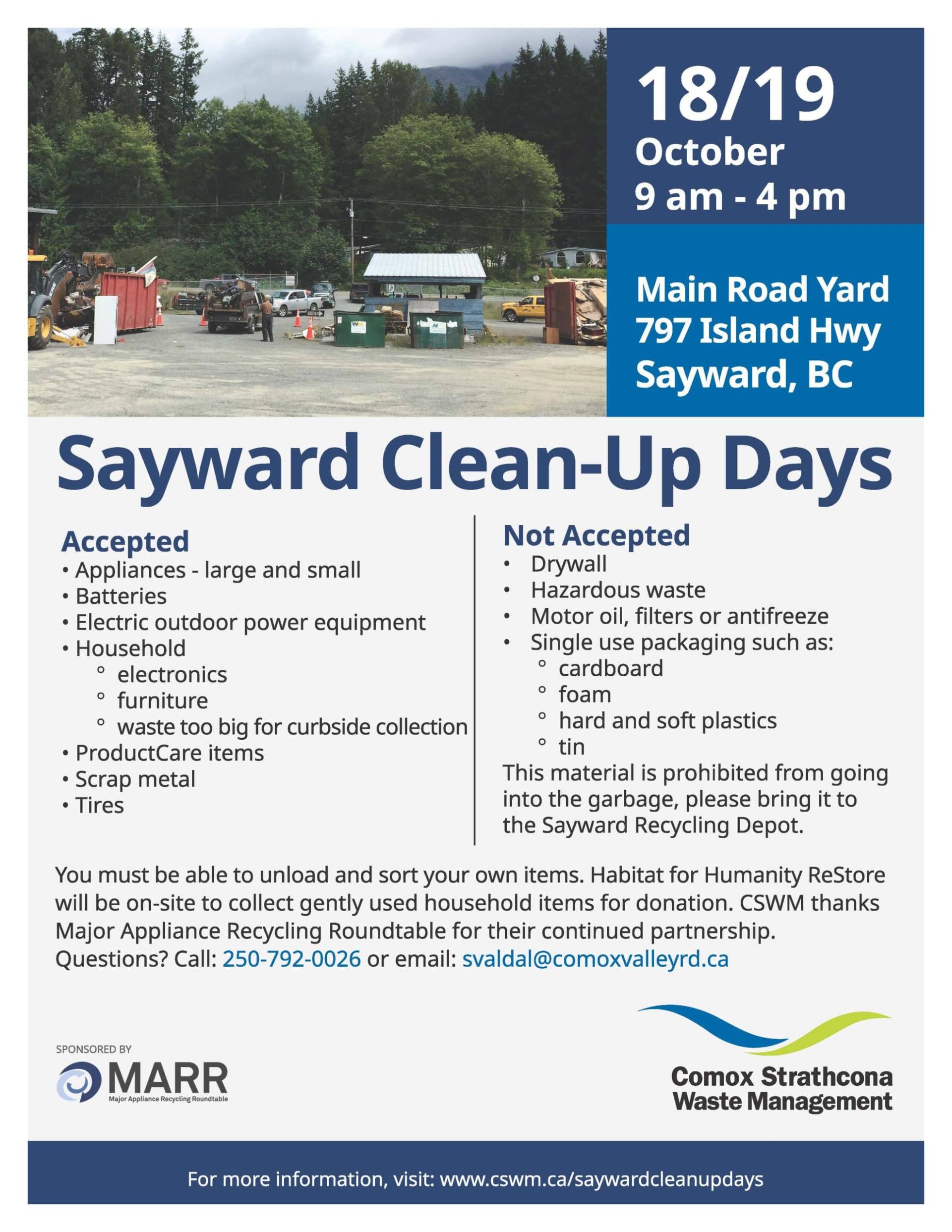 Sayward Clean-Up Days flyer, includes accepted and not accepted items.