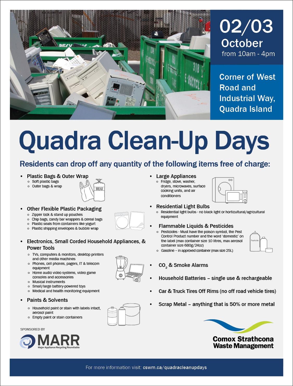 Recycling bins and detailed event info for Quadra Clean-Up Days.