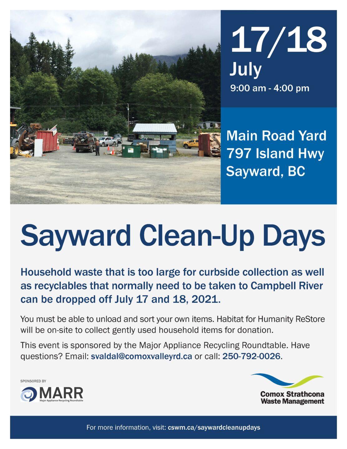 Sayward Clean-Up Days flyer with event details and a truck yard photo.