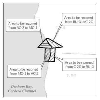Map showing rezoning areas near Denham Bay, Cordero Channel.