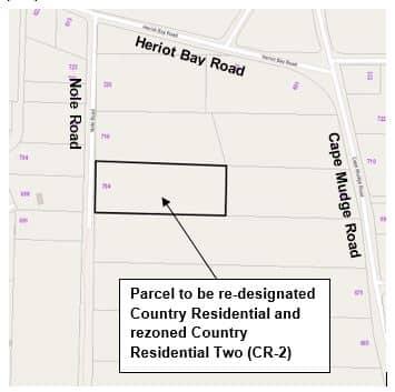 Map highlighting a parcel of land near Heriot Bay and Cape Mudge Road.