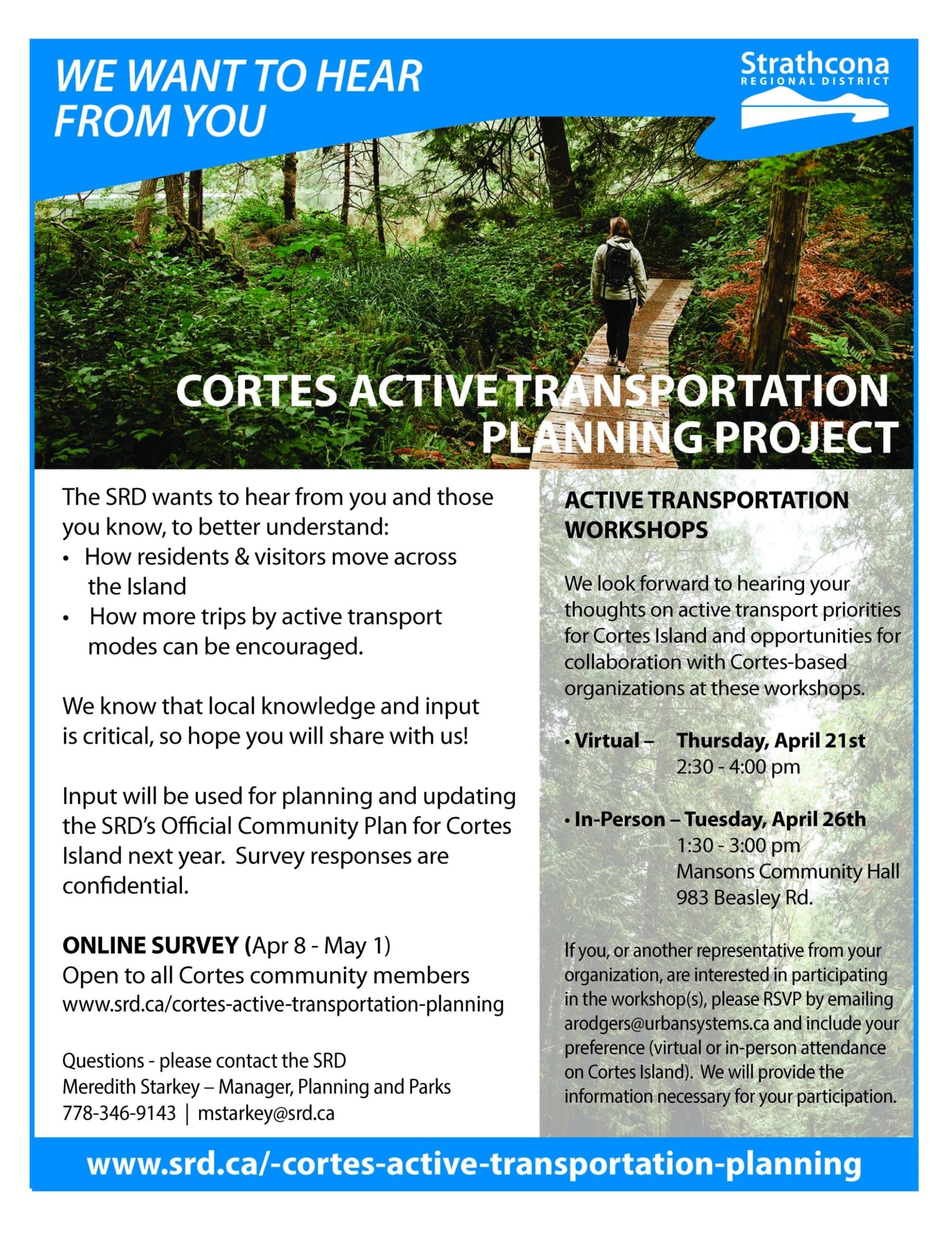 Cortes Active Transportation Planning Project flyer with text and contact details.