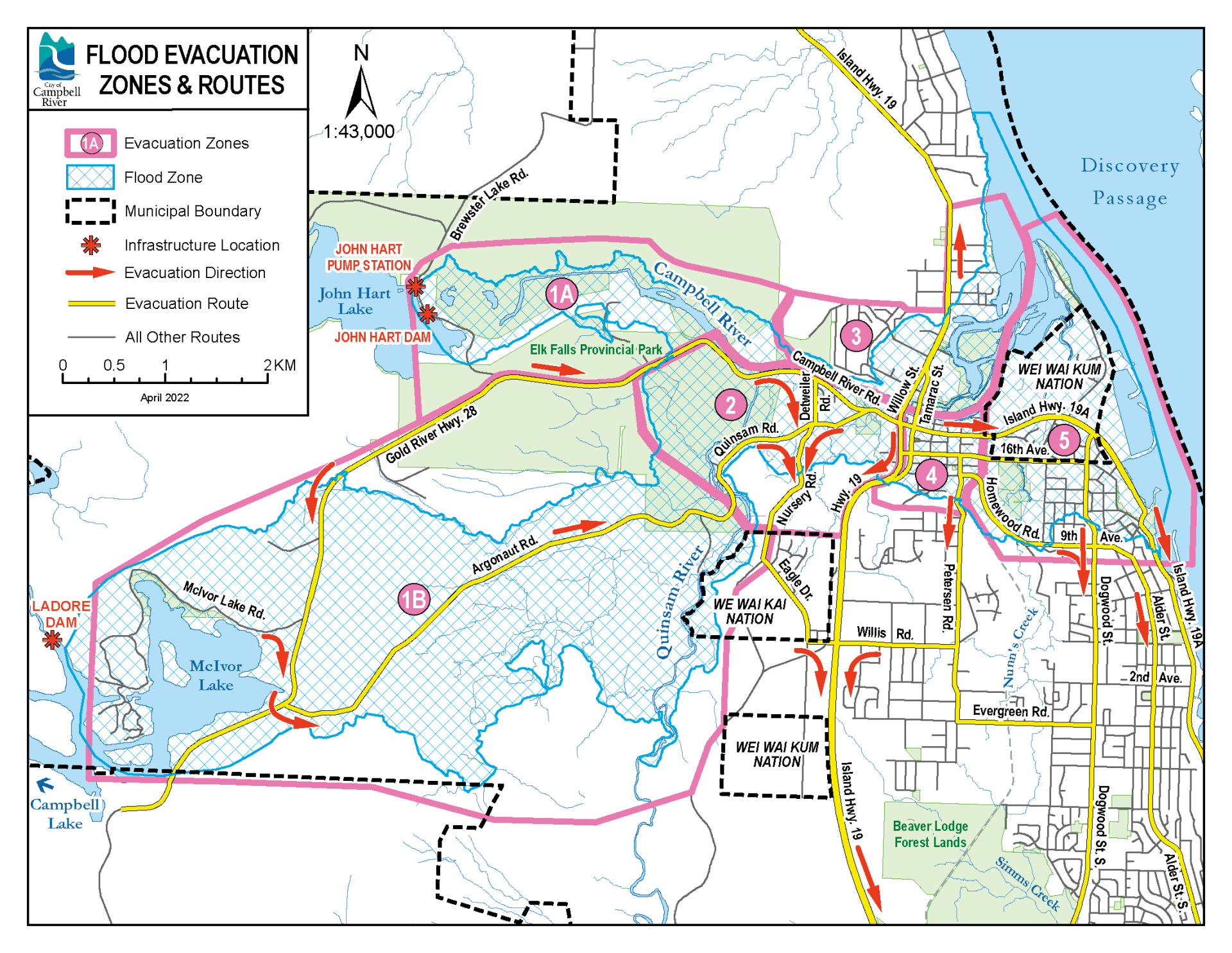 Flood evacuation map with routes, zones, and assembly points highlighted.