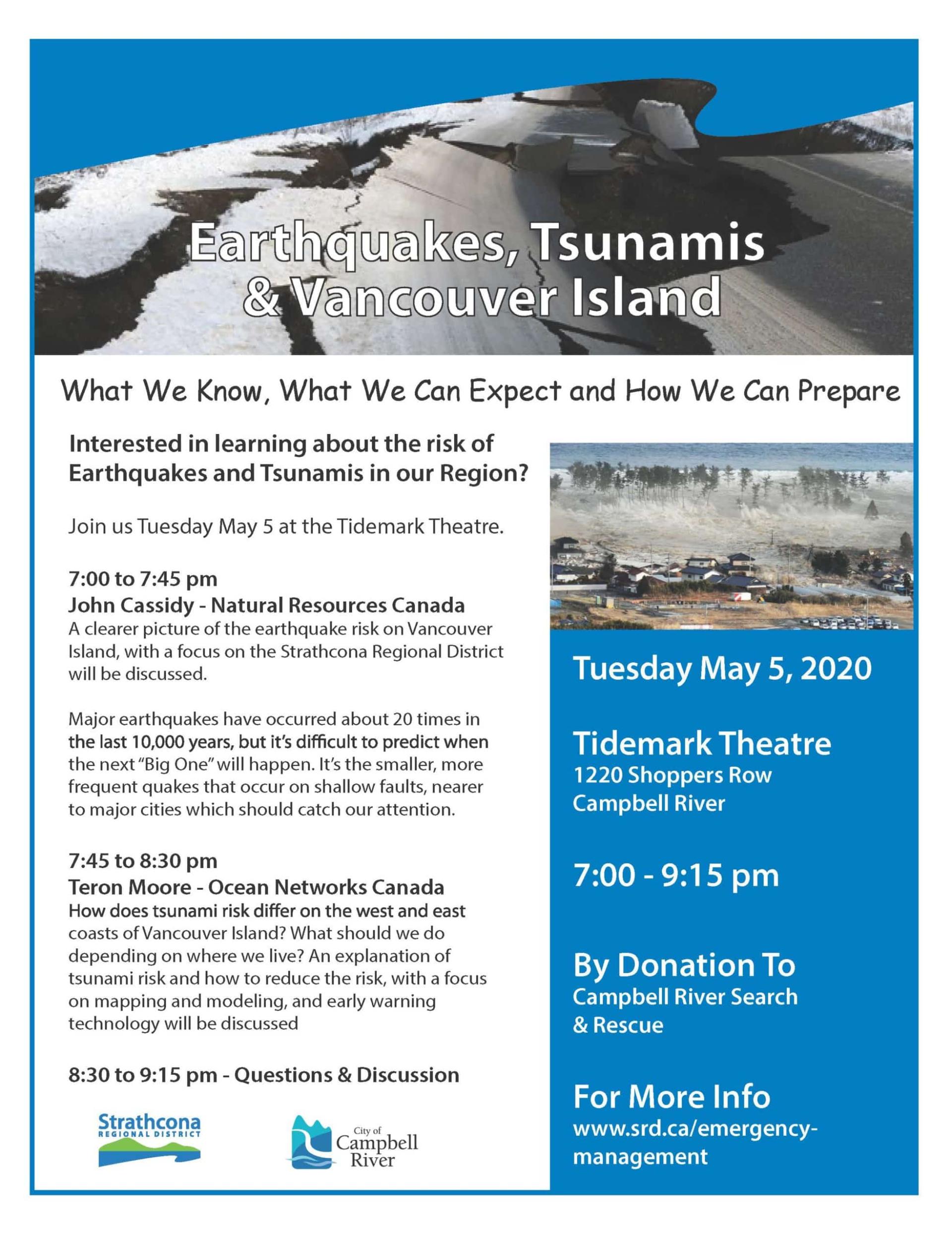 Flyer for an event about earthquakes and tsunamis on Vancouver Island with details and schedule.