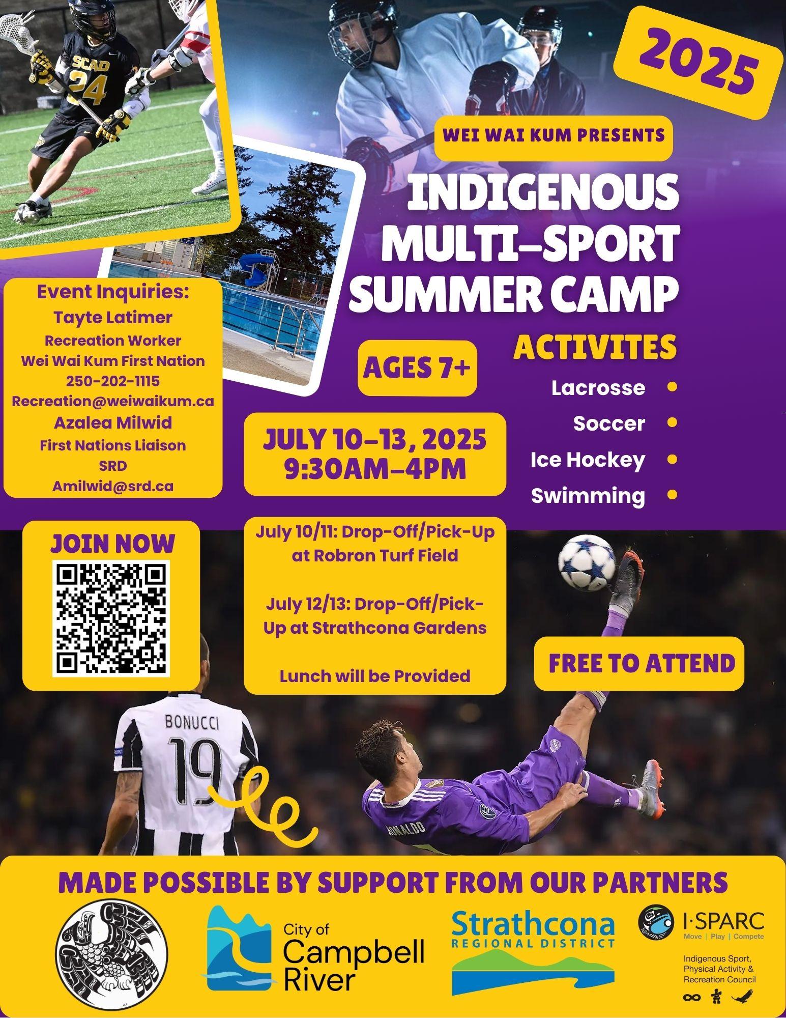 Indigenous Multi-Sport Summer Camp flyer with dates and sports activities listed.