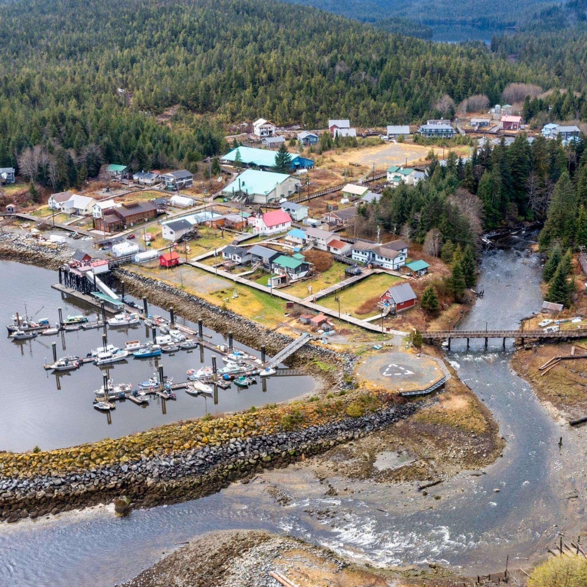 Aerial view of a small coastal town with docks and forested hills.
