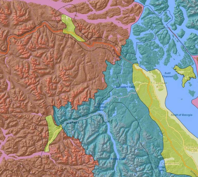 Colorful topographic map with various terrain regions.
