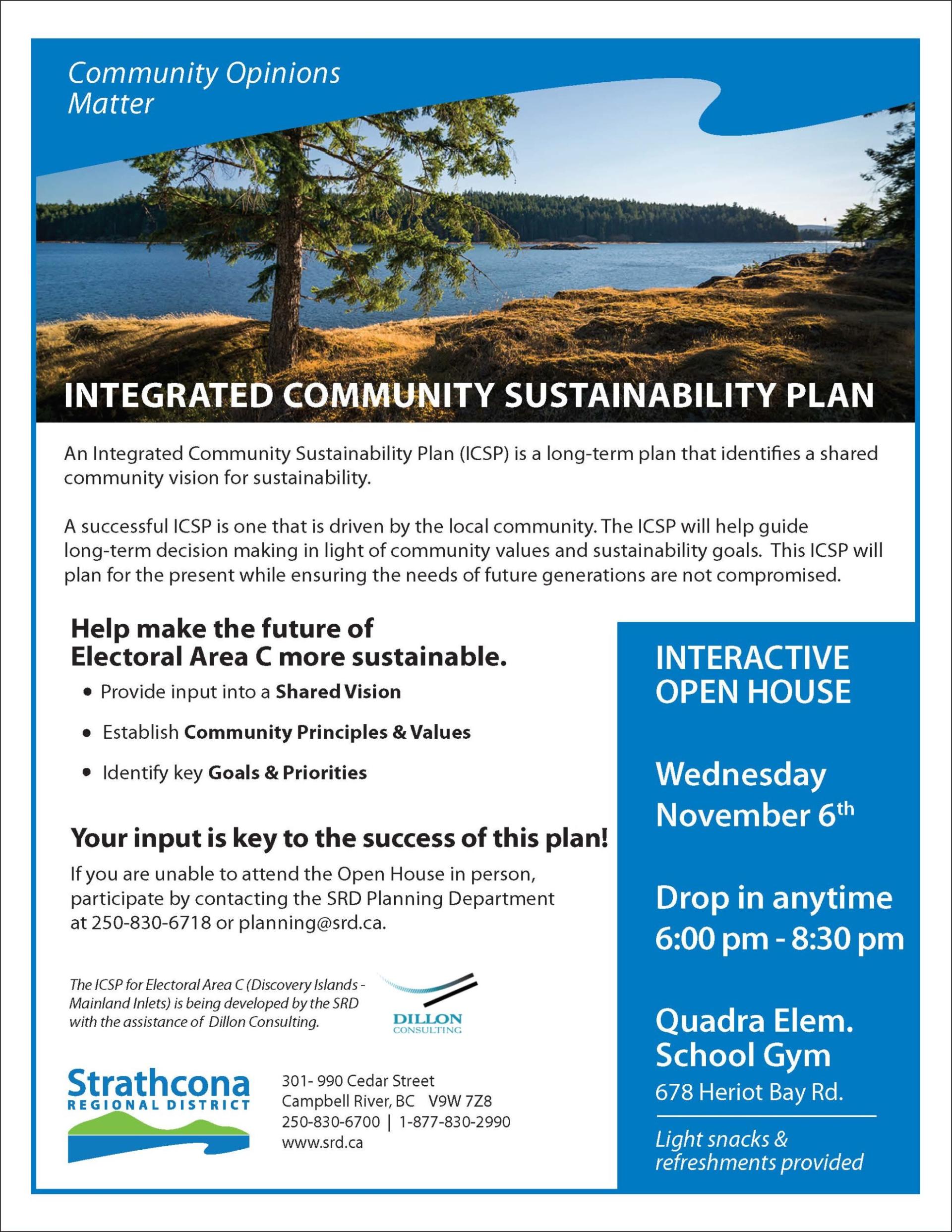 Flyer for Integrated Community Sustainability Plan event with scenic lake photo.