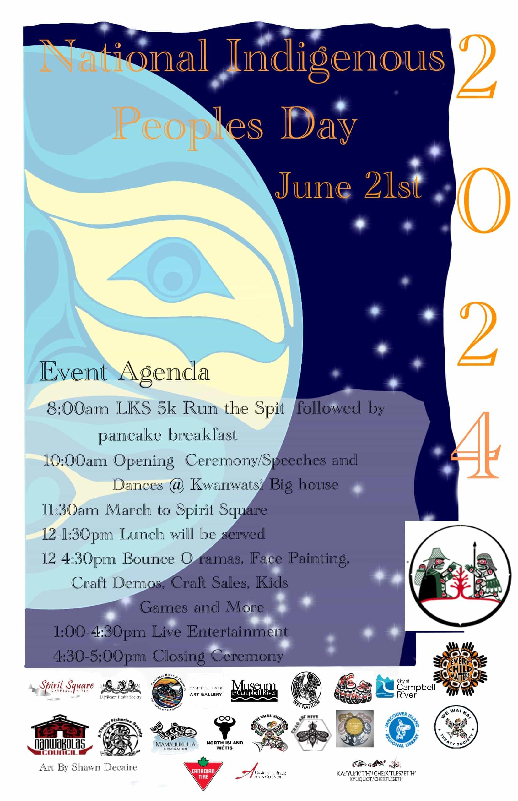 National Indigenous Peoples Day 2024 poster with event details and logos.
