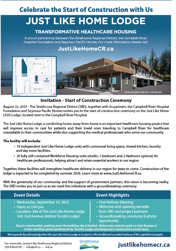 Celebrate construction start for Just Like Home Lodge, featuring event details and building render.
