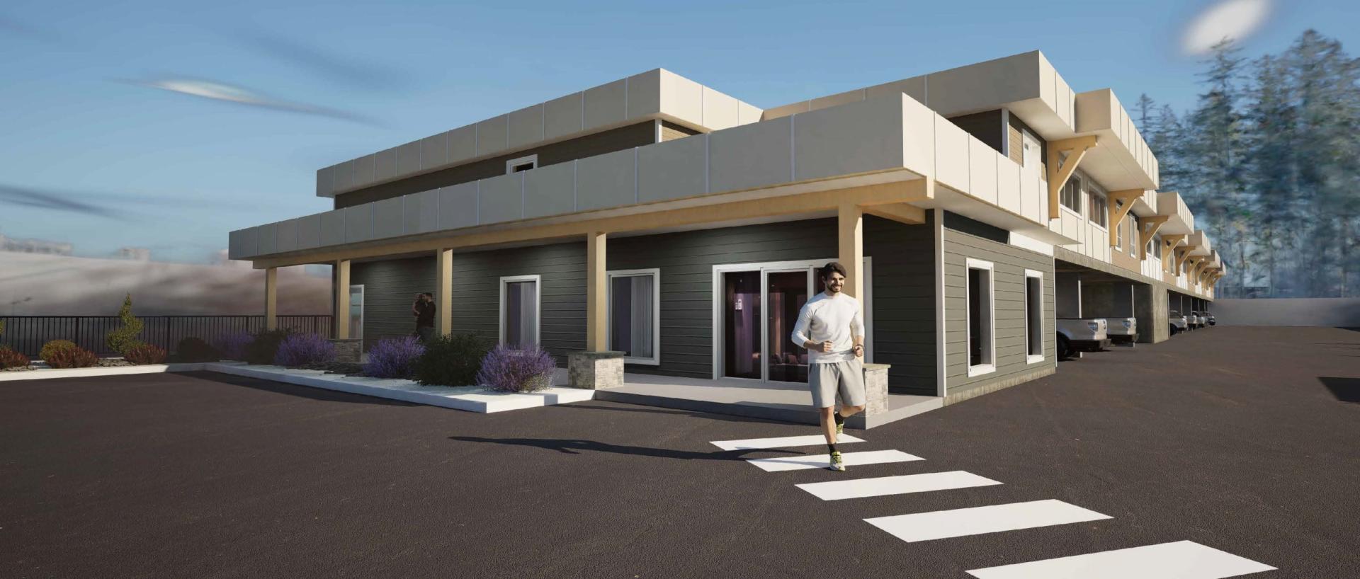 Modern building with a flat roof, person jogging on a crosswalk, clear sky.
