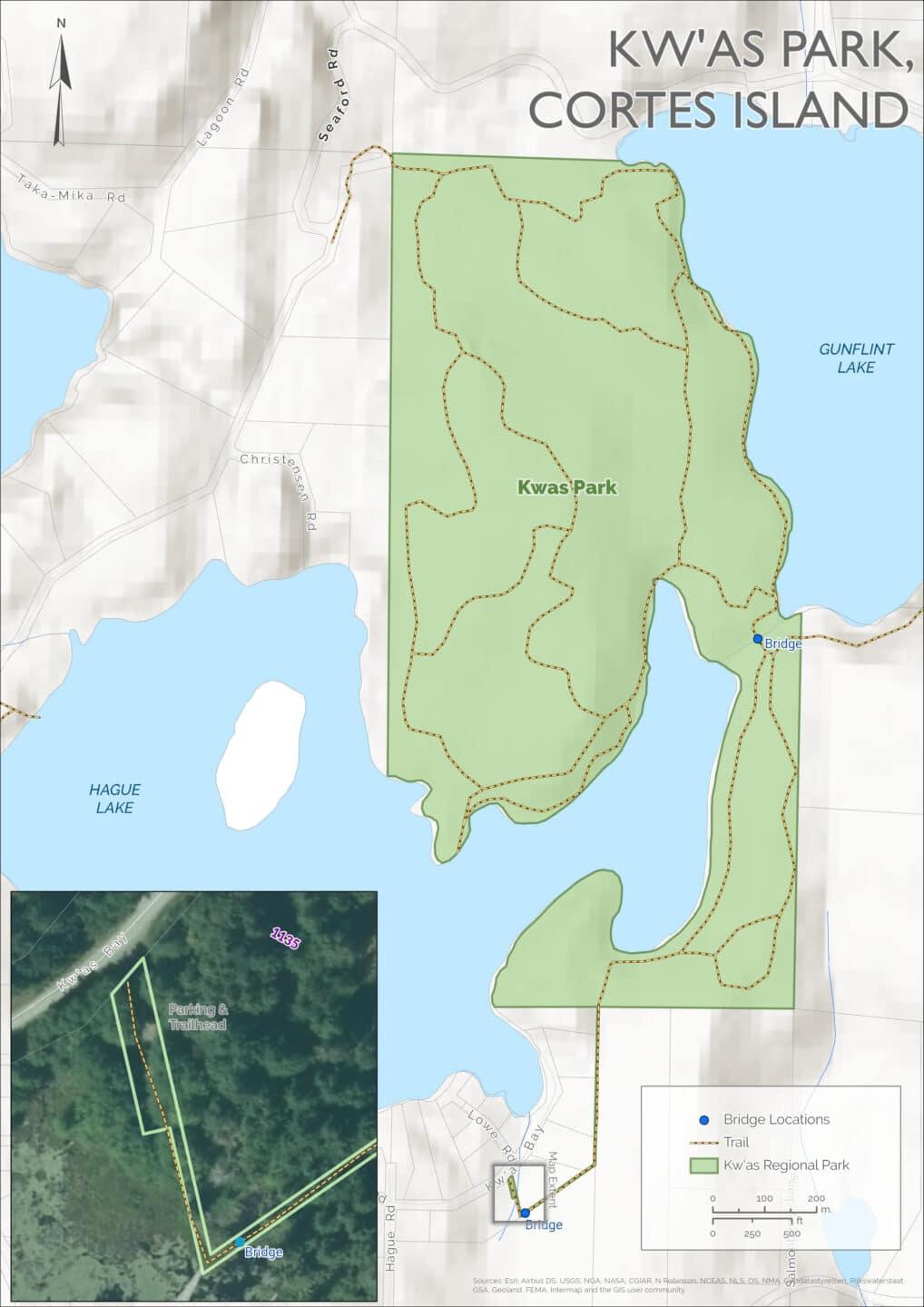 Map of Kw'as Park on Cortes Island with trails and inset satellite view.