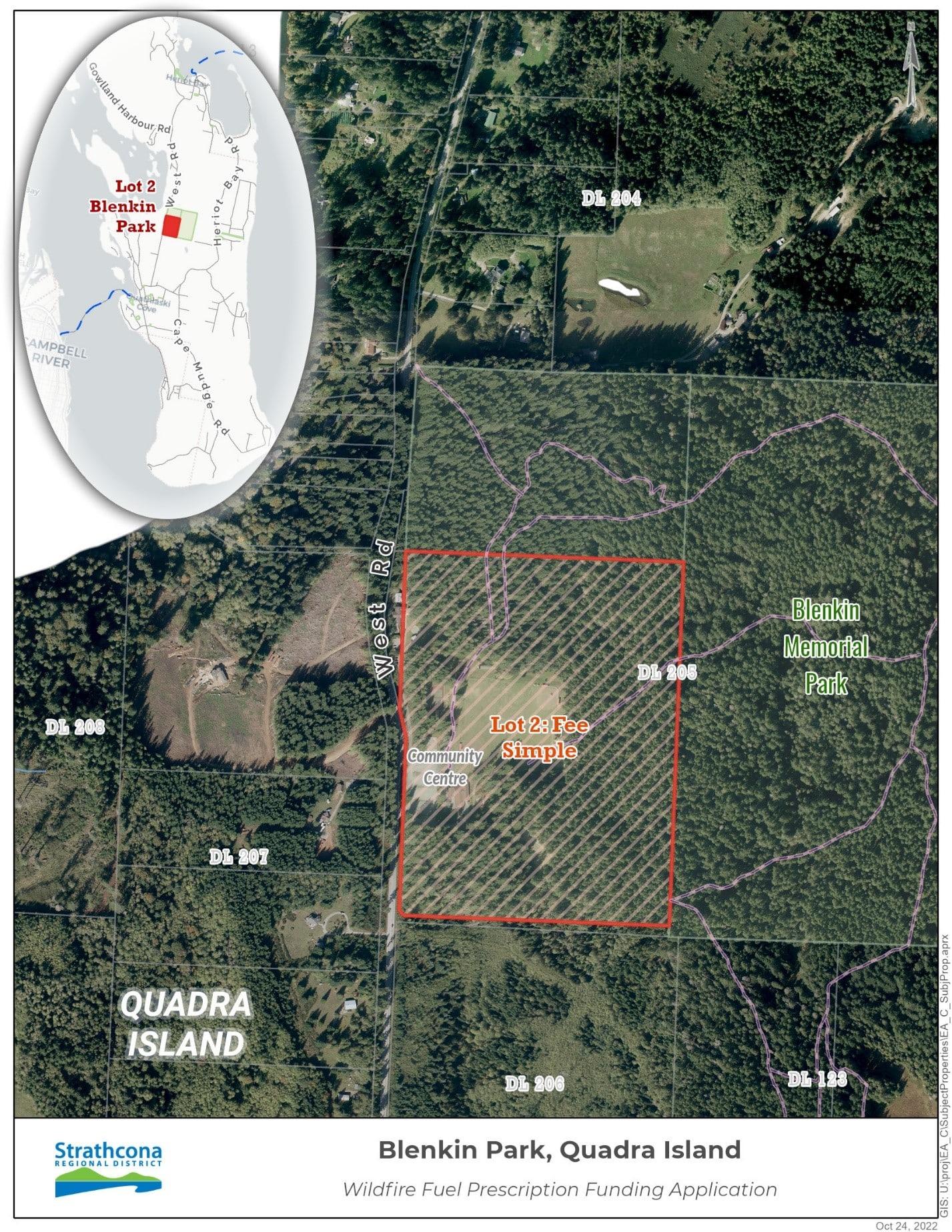Map highlighting Blenkin Park area on Quadra Island with an inset showing location.