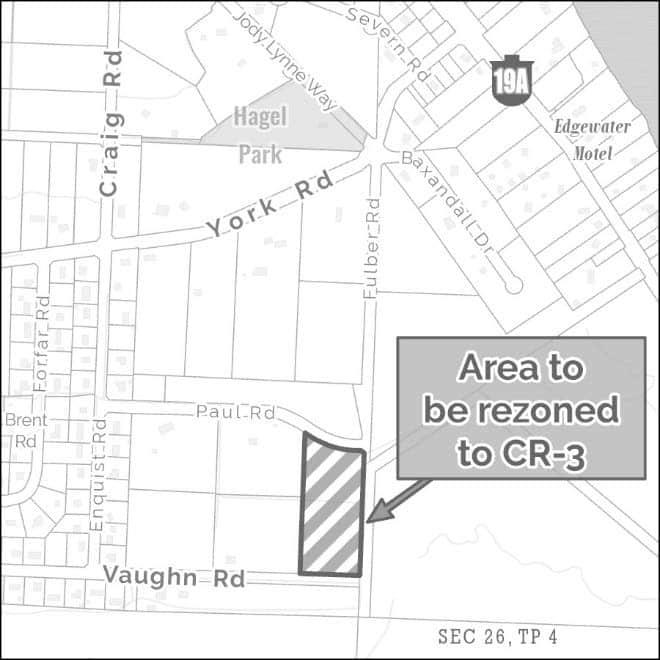 Map showing an area to be rezoned near Vaughn Road, highlighted with stripes.