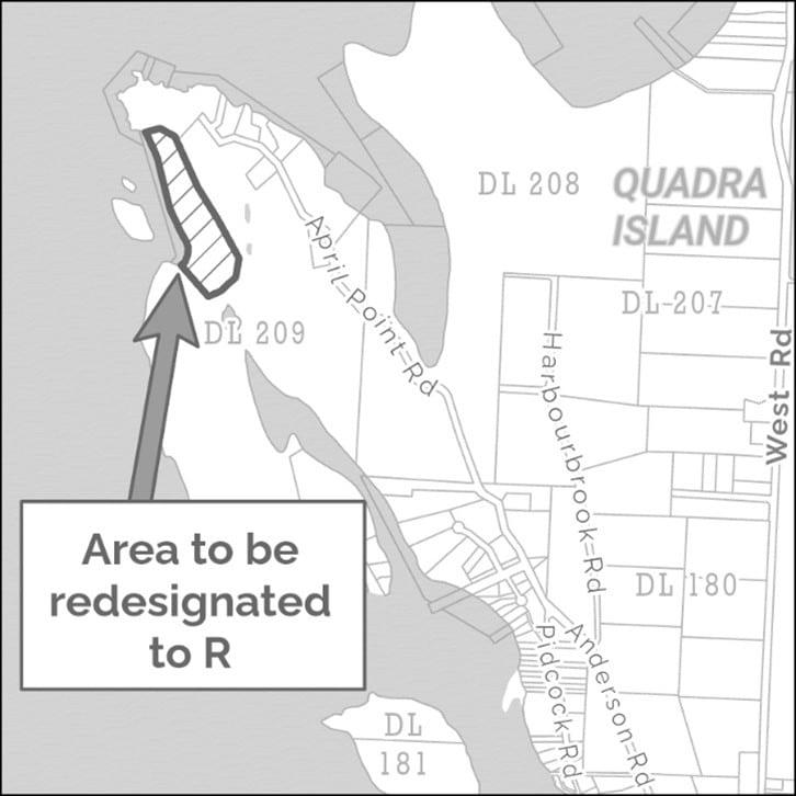 Map showing a section of Quadra Island with area marked for redesignation.