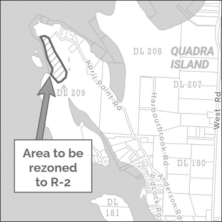 Map graphic showing area on Quadra Island to be rezoned to R-2.