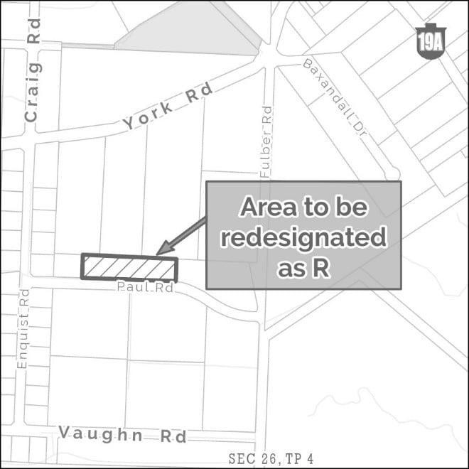 Map highlighting an area to be redesignated as R.