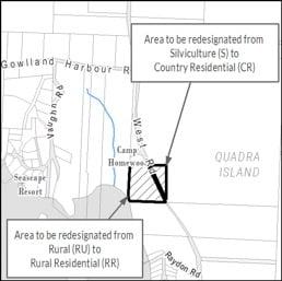 Map showing land use redesignation on Quadra Island.