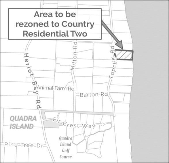 Map highlighting a rezoning area near Topcliff Rd on Quadra Island.