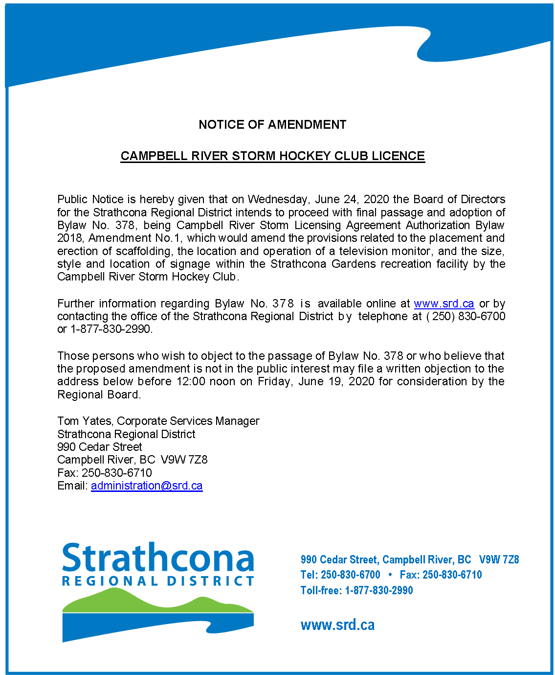 Strathcona Regional District notice of hockey club license renewal.