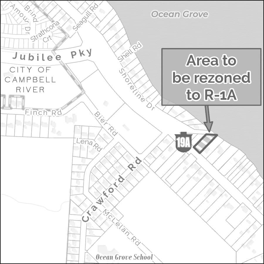 Map showing area to be rezoned to R-1A near Crawford Road.