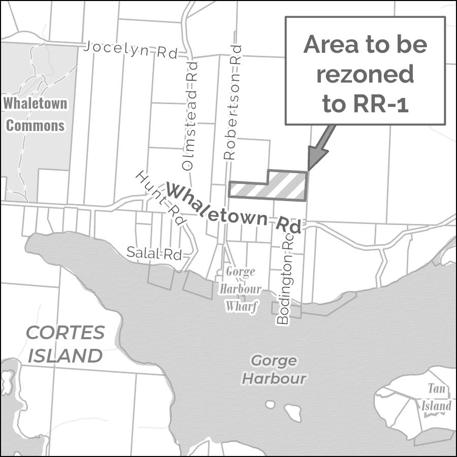 Map showing proposed rezoning area near Whaletown Road, Cortes Island.