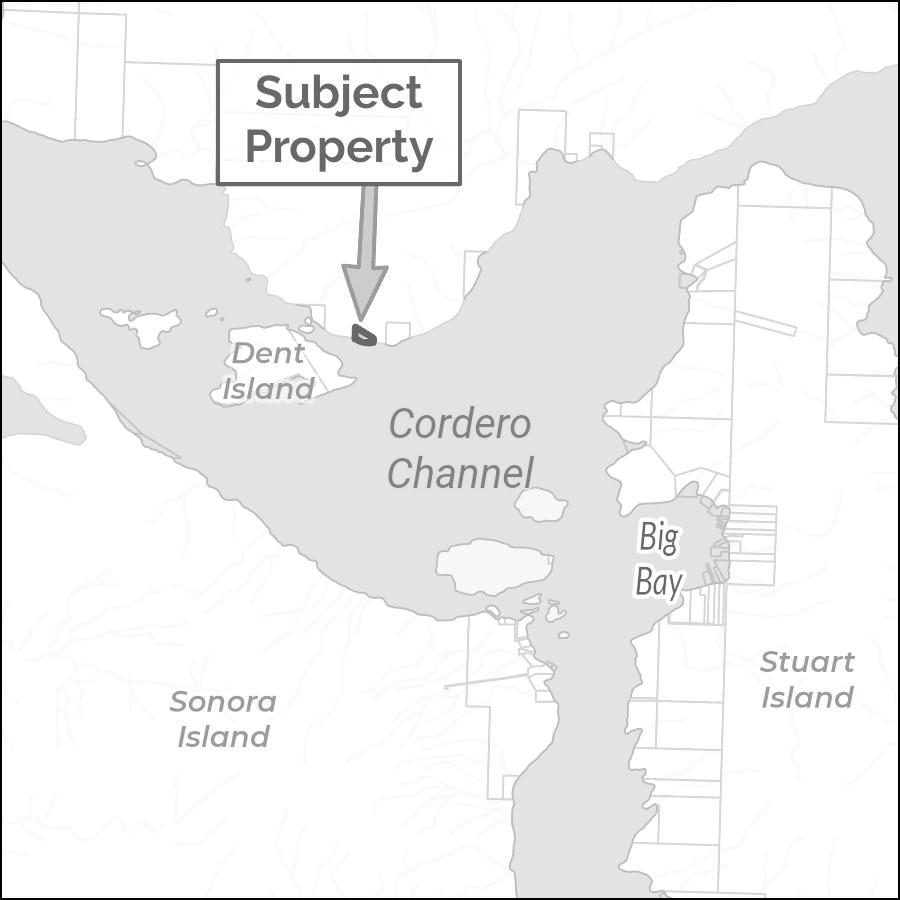 Map showing Cordero Channel, Dent Island, and surrounding areas.