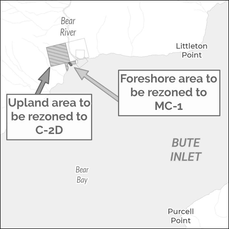 Map showing Bute Inlet rezoning areas C-2D and MC-1 near Bear River.