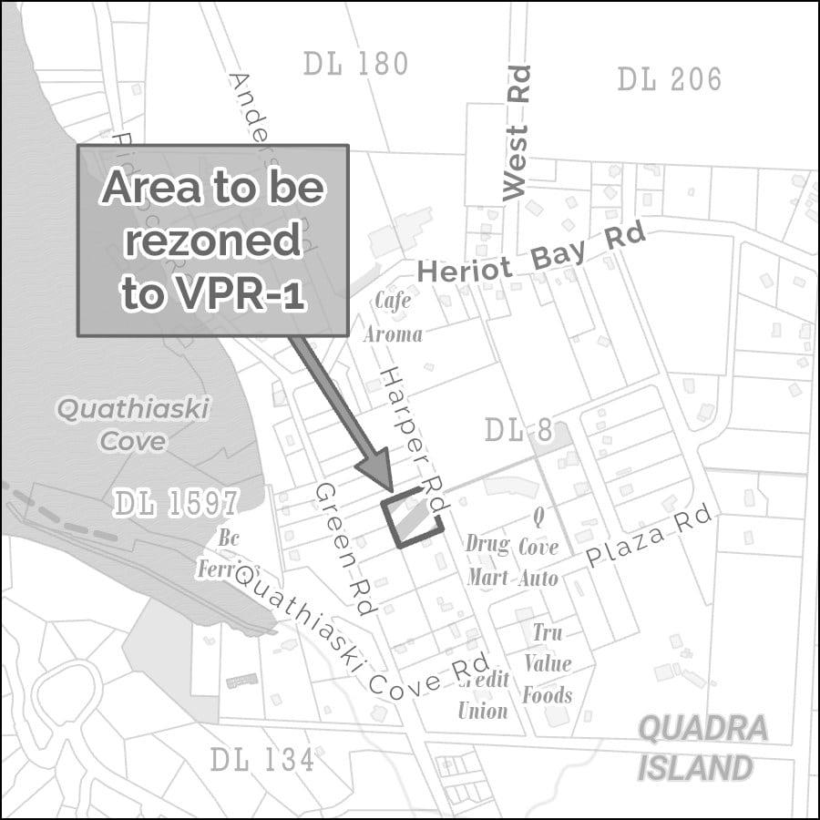 Map highlighting a rezoning area on Quadra Island.