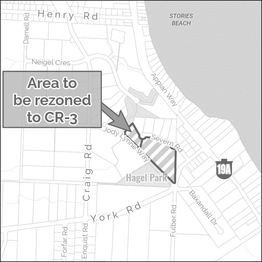 Map showing area to be rezoned to CR-3 near Hagel Park.
