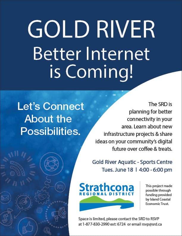 Gold River event flyer with blue and white design and Strathcona District logo.
