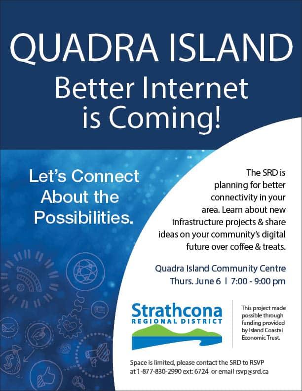 Quadratic Island internet event poster with blue and white design, and Strathcona logo.