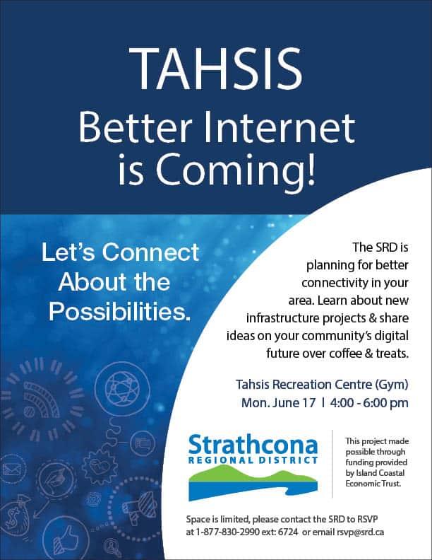 TAHSIS event flyer for better internet, information session details provided.