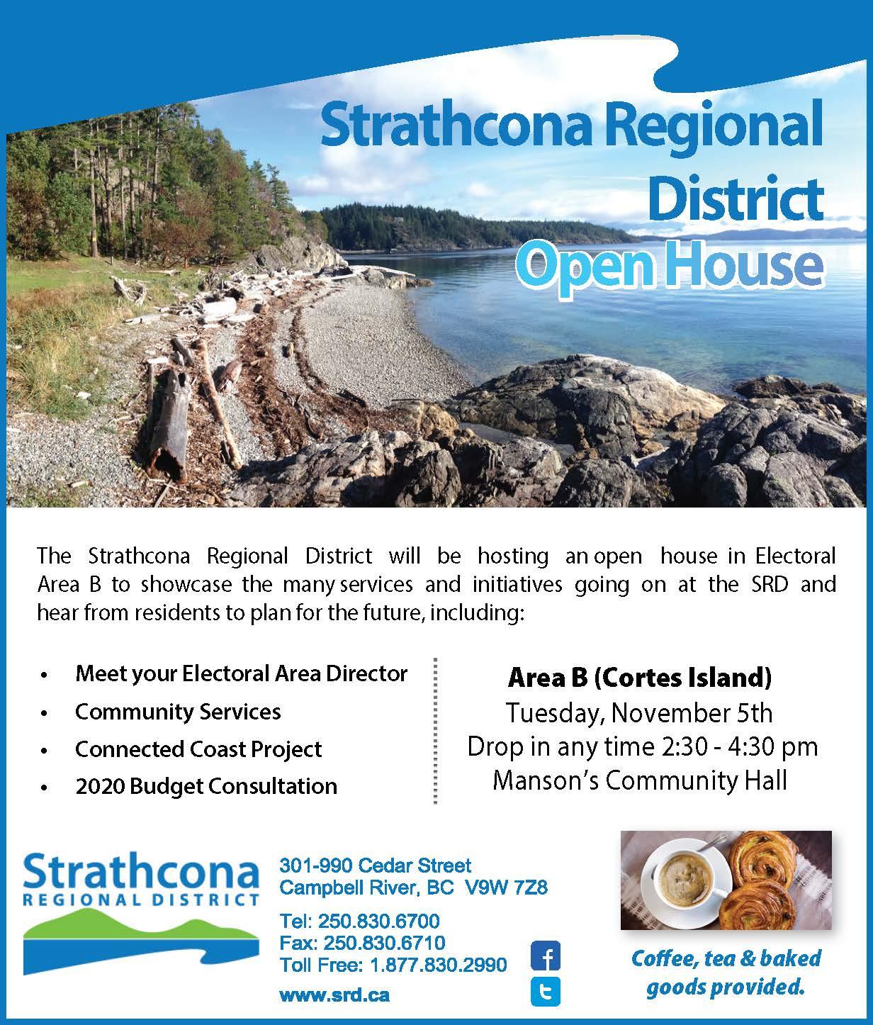Strathcona Regional District open house flyer with coastal photo.