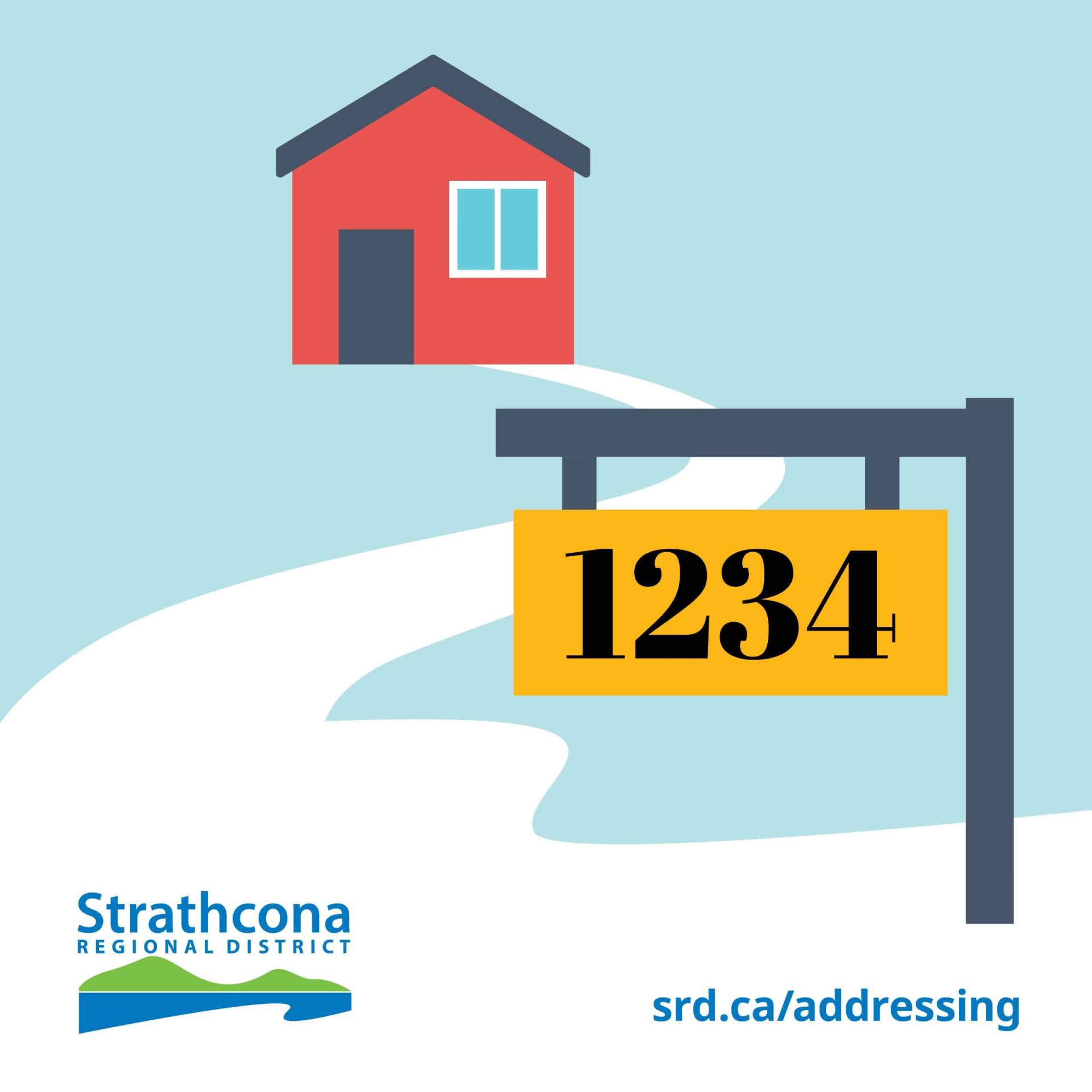 House with "1234" sign and Strathcona Regional District logo.