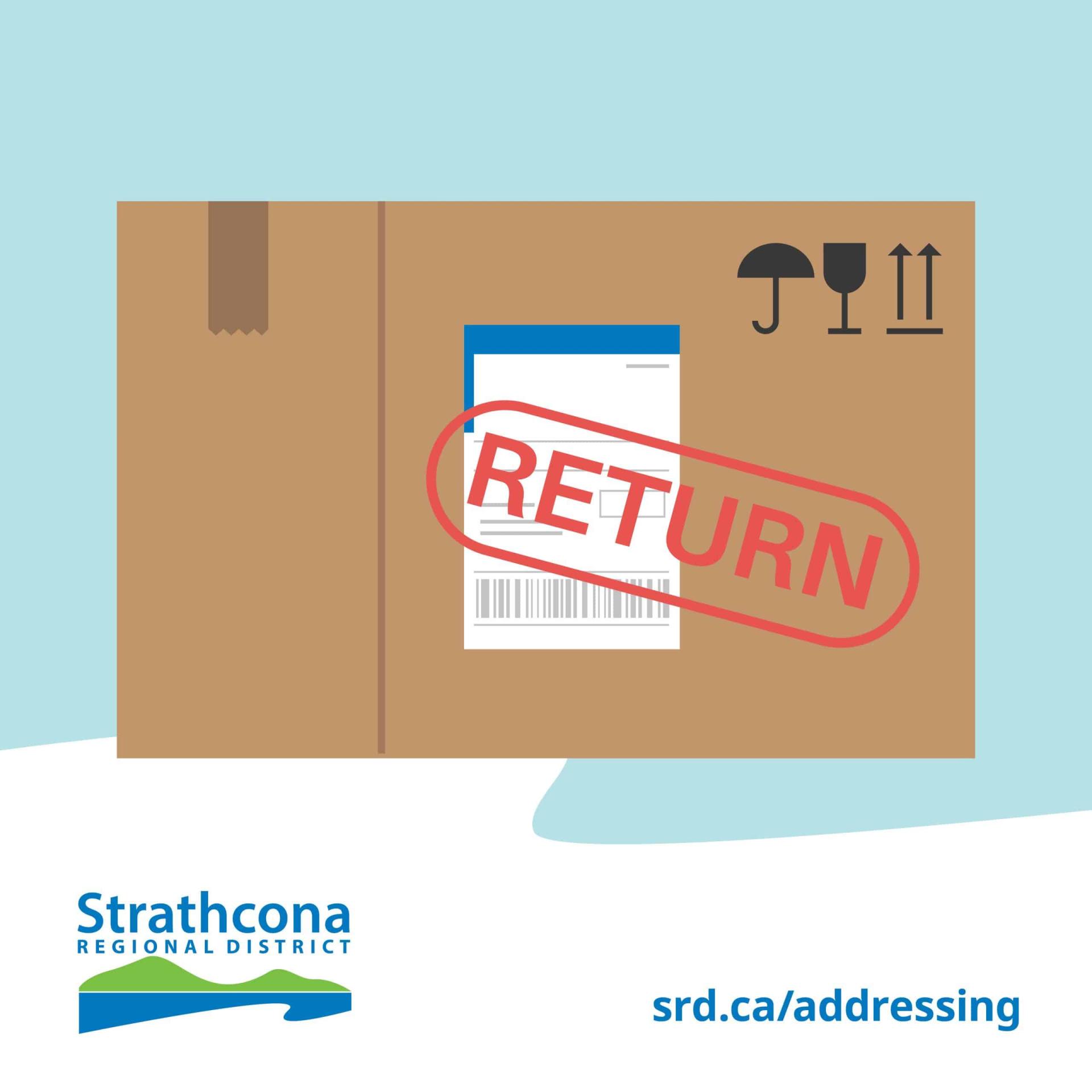 Cardboard box with "RETURN" stamp, shipping label