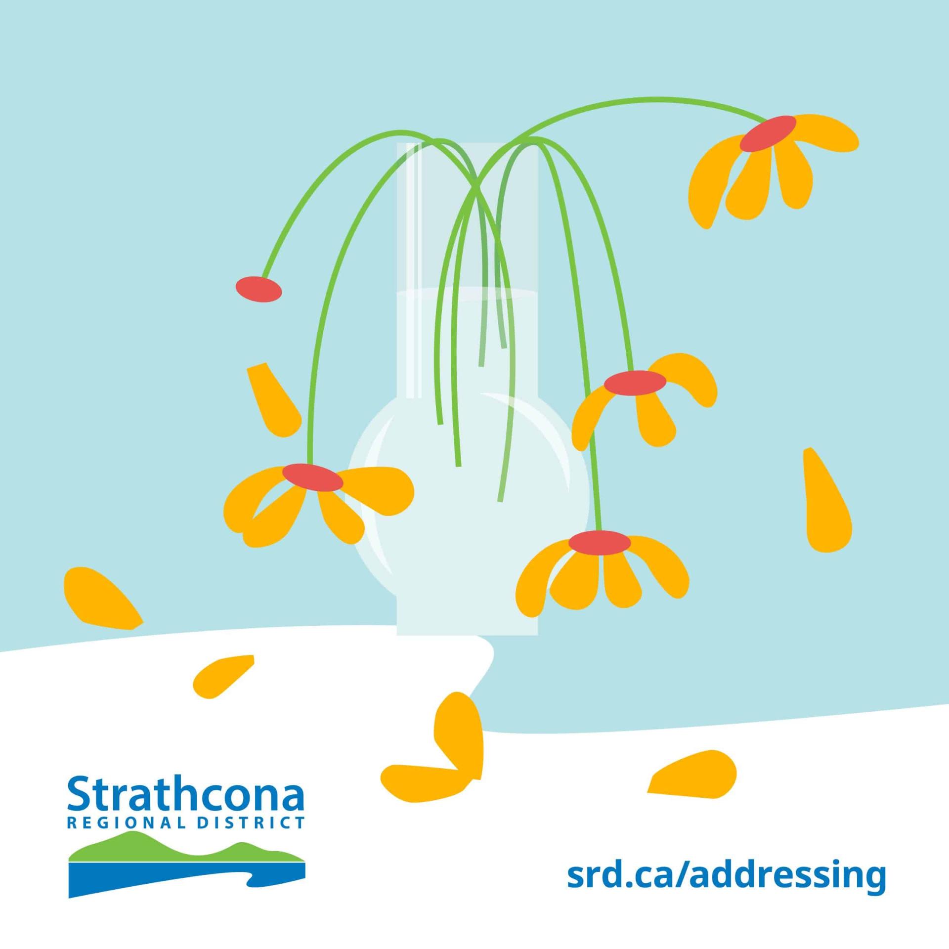Drooping flowers in a vase with falling petals.