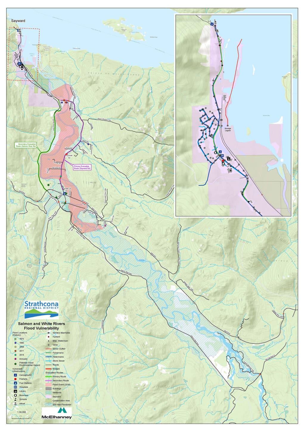 Map highlighting a river with colored zones, featuring roads and topographic details.
