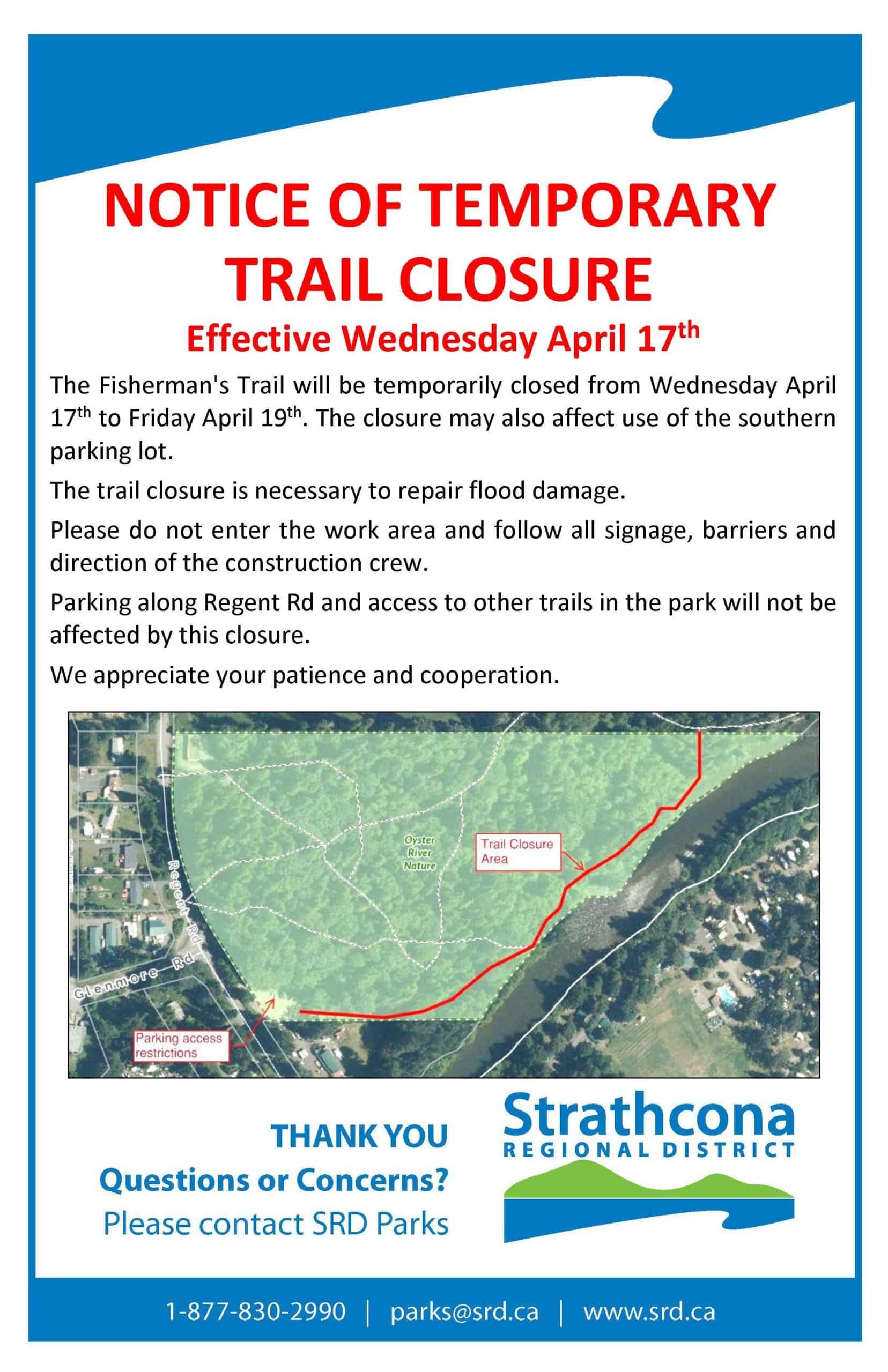 Trail closure notice with map of affected area, Strathcona logo at bottom.