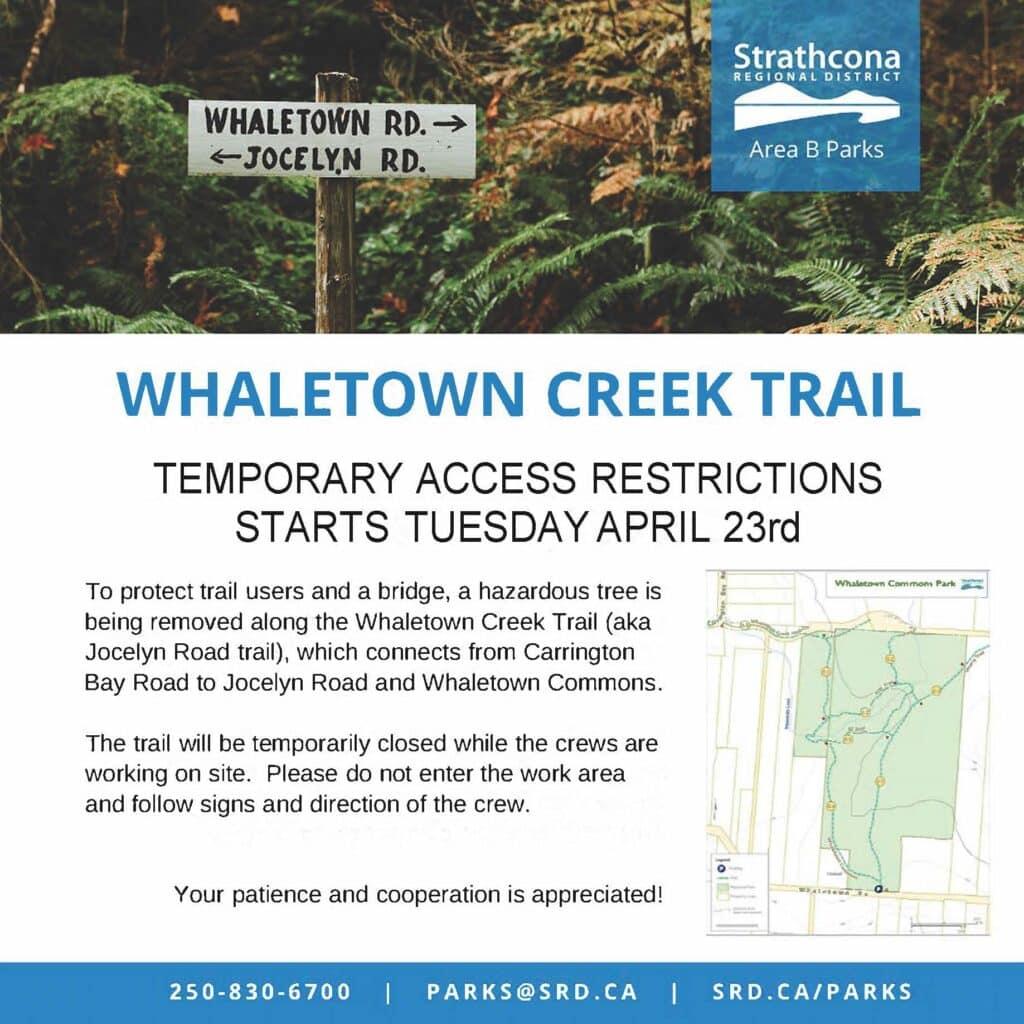 Signage announcing temporary access restrictions for Whaletown Creek Trail with a map.