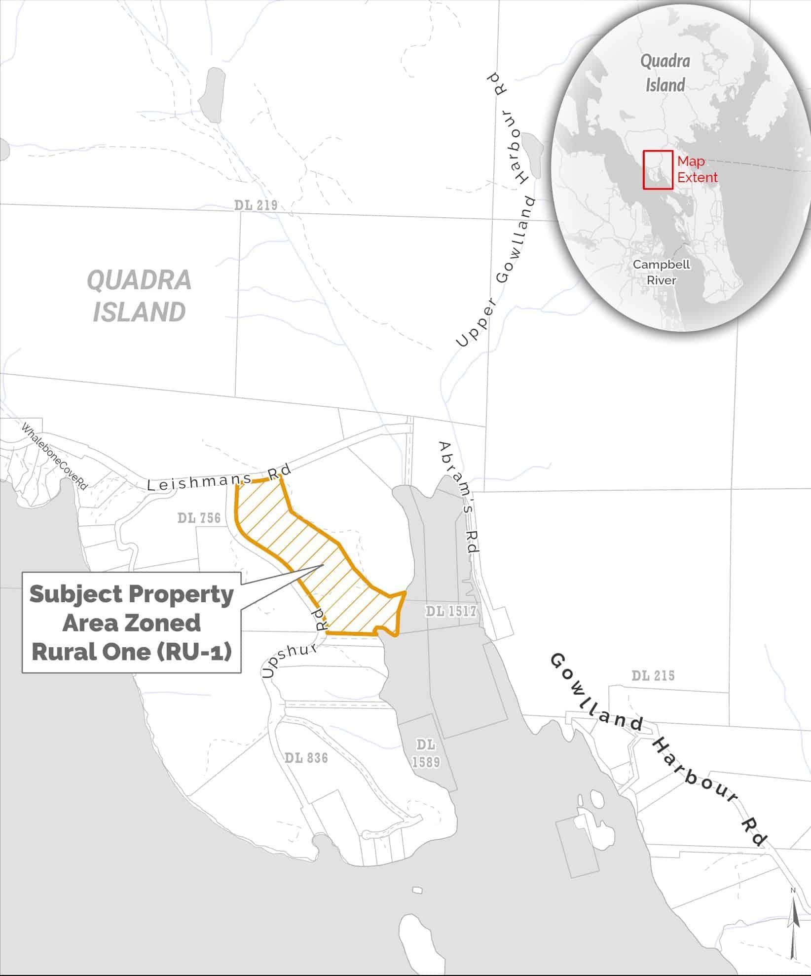 Map showing a highlighted property on Quadra Island, with an inset location marker.