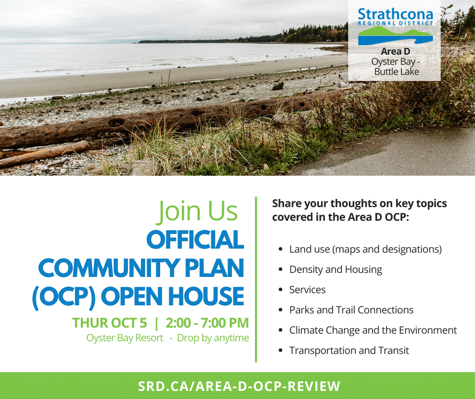 Official Community Plan Open House flyer, scenic beach background.